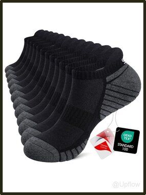 Tanstc Men's Athletic Cushioned Ankle Socks Low Cut 6 Pairs Black Gray 9-12